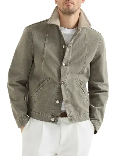 Brunello Cucinelli Men's Garment Dyed Outerwear Jacket in Denim with Leather Collar - Military - Size 48 | Thumbnail 2 Brunello Cucinelli Men's Garment Dyed Outerwear Jacket in Denim with Leather Collar - Military - Size 48 | Thumbnail 2