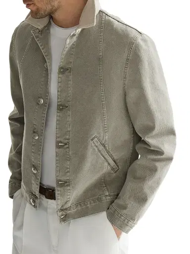 Brunello Cucinelli Men's Garment Dyed Outerwear Jacket in Denim with Leather Collar - Military - Size 48 | Thumbnail 5 Brunello Cucinelli Men's Garment Dyed Outerwear Jacket in Denim with Leather Collar - Military - Size 48 | Thumbnail 5