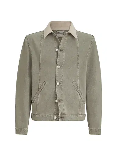 Brunello Cucinelli Men's Garment Dyed Outerwear Jacket in Denim with Leather Collar - Military - Size 48 | Thumbnail 1 Brunello Cucinelli Men's Garment Dyed Outerwear Jacket in Denim with Leather Collar - Military - Size 48 | Thumbnail 1