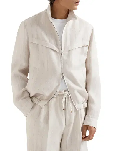 Brunello Cucinelli Men's Linen Chalk Stripe Chevron Outerwear Jacket | Thumbnail 2 Brunello Cucinelli Men's Linen Chalk Stripe Chevron Outerwear Jacket | Thumbnail 2