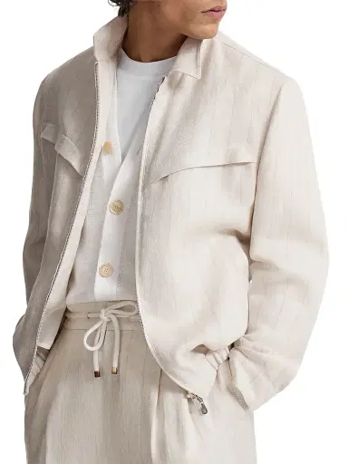 Brunello Cucinelli Men's Linen Chalk Stripe Chevron Outerwear Jacket | Thumbnail 4 Brunello Cucinelli Men's Linen Chalk Stripe Chevron Outerwear Jacket | Thumbnail 4