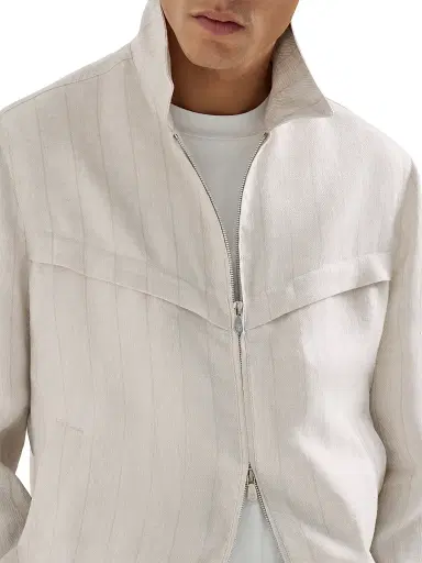 Brunello Cucinelli Men's Linen Chalk Stripe Chevron Outerwear Jacket | Thumbnail 5 Brunello Cucinelli Men's Linen Chalk Stripe Chevron Outerwear Jacket | Thumbnail 5
