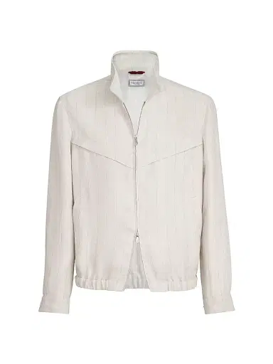 Brunello Cucinelli Men's Linen Chalk Stripe Chevron Outerwear Jacket | Thumbnail 1 Brunello Cucinelli Men's Linen Chalk Stripe Chevron Outerwear Jacket | Thumbnail 1