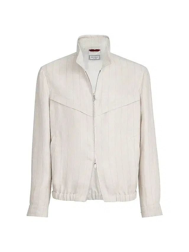 Brunello Cucinelli Men's Linen Chalk Stripe Chevron Outerwear Jacket - Shell