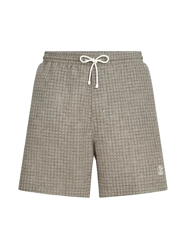Brunello Cucinelli Men's Flower Print Nylon Swim Shorts - Brown