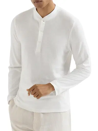 Brunello Cucinelli Men's Linen and Cotton Jersey Long Sleeve T-Shirt with Henley Collar - Off White - Size XL | Thumbnail 2
