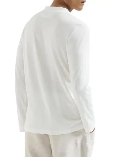Brunello Cucinelli Men's Linen and Cotton Jersey Long Sleeve T-Shirt with Henley Collar - Off White - Size XL | Thumbnail 3
