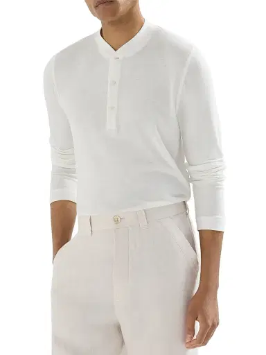 Brunello Cucinelli Men's Linen and Cotton Jersey Long Sleeve T-Shirt with Henley Collar - Off White - Size XL | Thumbnail 4