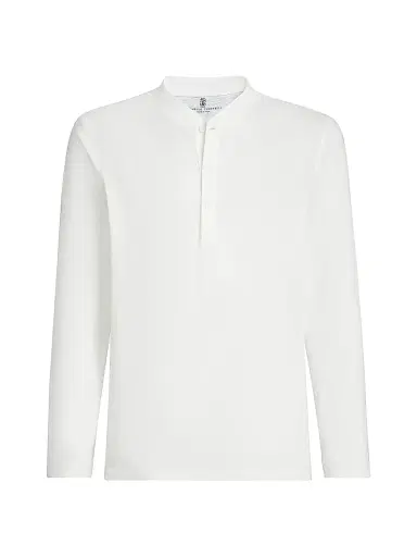 Brunello Cucinelli Men's Linen and Cotton Jersey Long Sleeve T-Shirt with Henley Collar - Off White - Size XL | Thumbnail 1