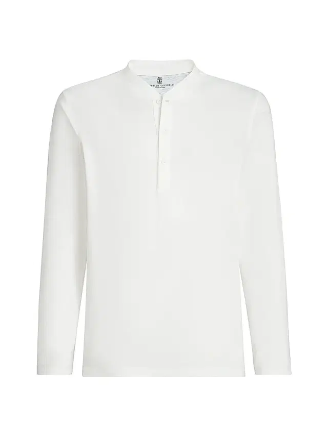 Brunello Cucinelli Men's Linen and Cotton Jersey Long Sleeve T-Shirt with Henley Collar - Off White