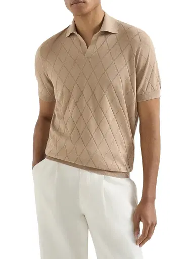 Brunello Cucinelli Men's Cotton Textured Argyle Lightweight Knit Polo Shirt - Beige - Size 44 | Thumbnail 2