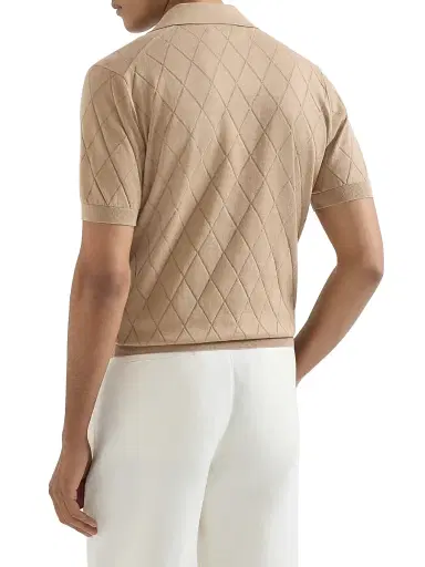 Brunello Cucinelli Men's Cotton Textured Argyle Lightweight Knit Polo Shirt - Beige - Size 44 | Thumbnail 3