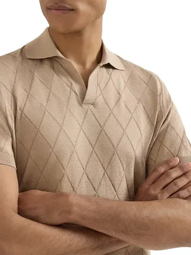 Brunello Cucinelli Men's Cotton Textured Argyle Lightweight Knit Polo Shirt - Beige - Size 44 | Thumbnail 4