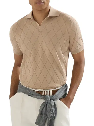 Brunello Cucinelli Men's Cotton Textured Argyle Lightweight Knit Polo Shirt - Beige - Size 44 | Thumbnail 5