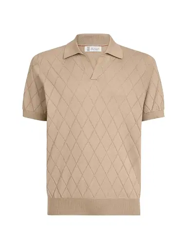 Brunello Cucinelli Men's Cotton Textured Argyle Lightweight Knit Polo Shirt - Beige - Size 44 | Thumbnail 1
