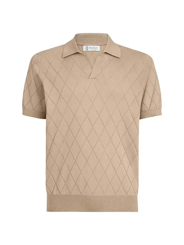 Men's Cotton Textured Argyle Lightweight Knit Polo Shirt - Beige