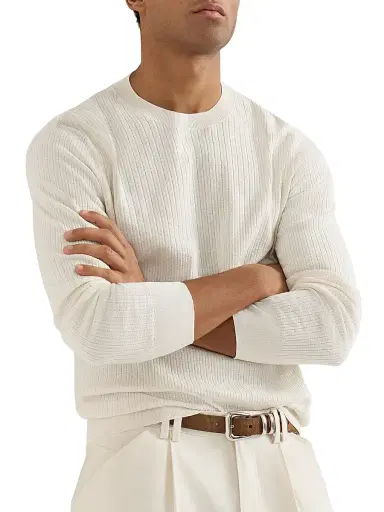 Brunello Cucinelli Men's Cotton Textured Rib Lightweight Sweater - White - Size 46 | Thumbnail 5 Brunello Cucinelli Men's Cotton Textured Rib Lightweight Sweater - White - Size 46 | Thumbnail 5