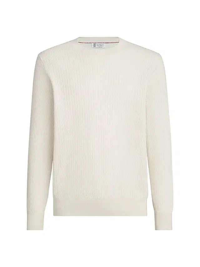 Brunello Cucinelli Men's Cotton Textured Rib Lightweight Sweater - White