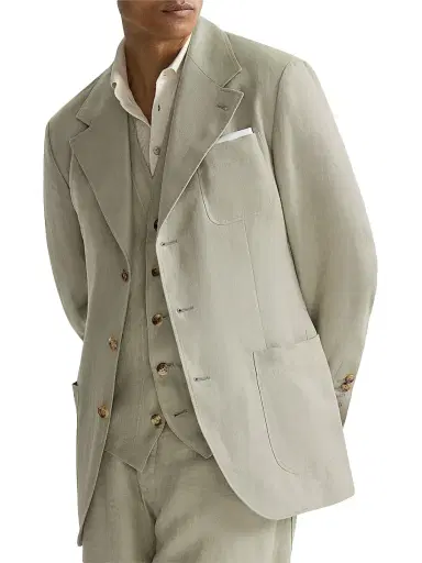 Brunello Cucinelli Men's Linen Micro Chevron Unlined Blazer - Sage - Size 32 | Thumbnail 4 Brunello Cucinelli Men's Linen Micro Chevron Unlined Blazer - Sage - Size 32 | Thumbnail 4