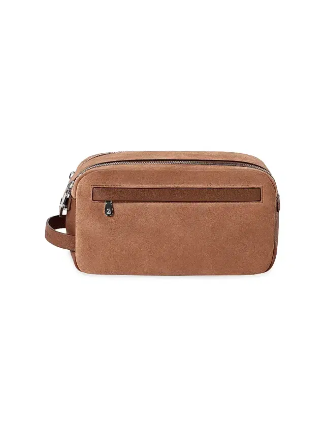 Brunello Cucinelli Women's Suede and Buffalo Leather Beauty Case with Double Zipper - Tobacco