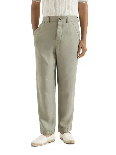 Brunello Cucinelli Men's Linen Micro Chevron Trousers with Drawstrings | Thumbnail 2