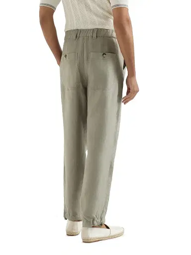Brunello Cucinelli Men's Linen Micro Chevron Trousers with Drawstrings | Thumbnail 4