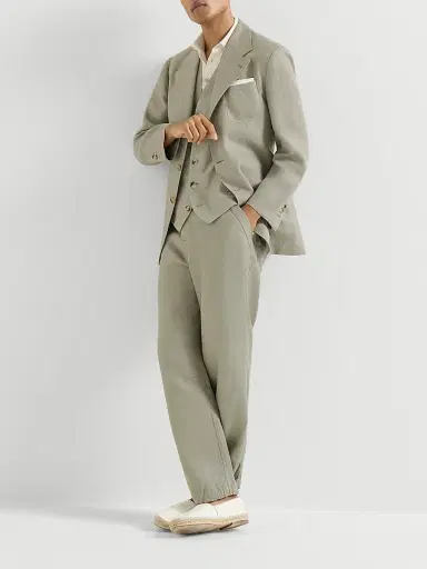 Brunello Cucinelli Men's Linen Micro Chevron Trousers with Drawstrings | Thumbnail 6