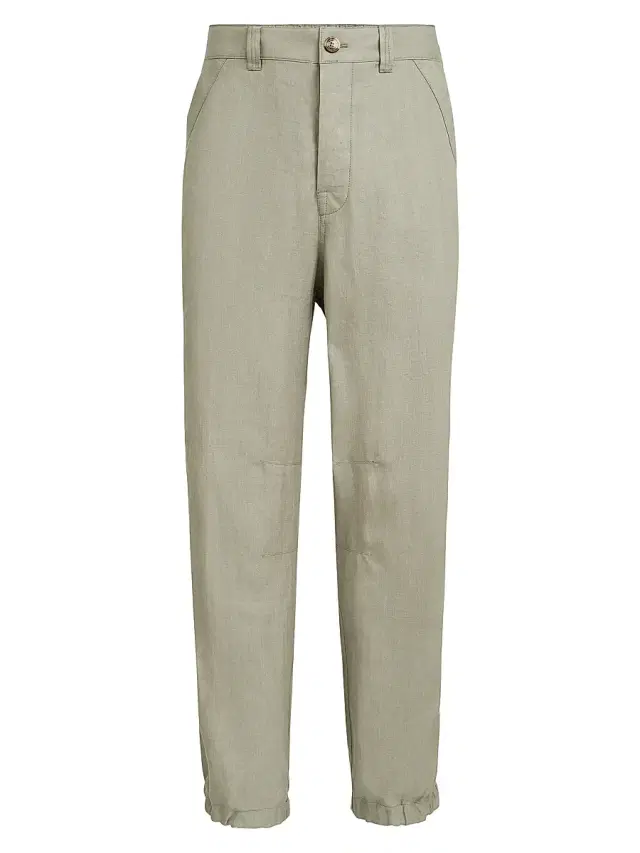 Brunello Cucinelli Men's Linen Micro Chevron Trousers with Drawstrings - Sage