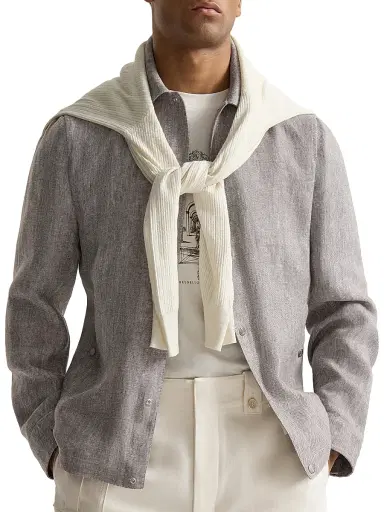 Brunello Cucinelli Men's Linen and Hemp Diagonal Outerwear Jacket - Light Brown | Thumbnail 4