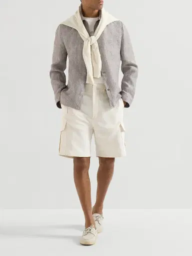 Brunello Cucinelli Men's Linen and Hemp Diagonal Outerwear Jacket - Light Brown | Thumbnail 6