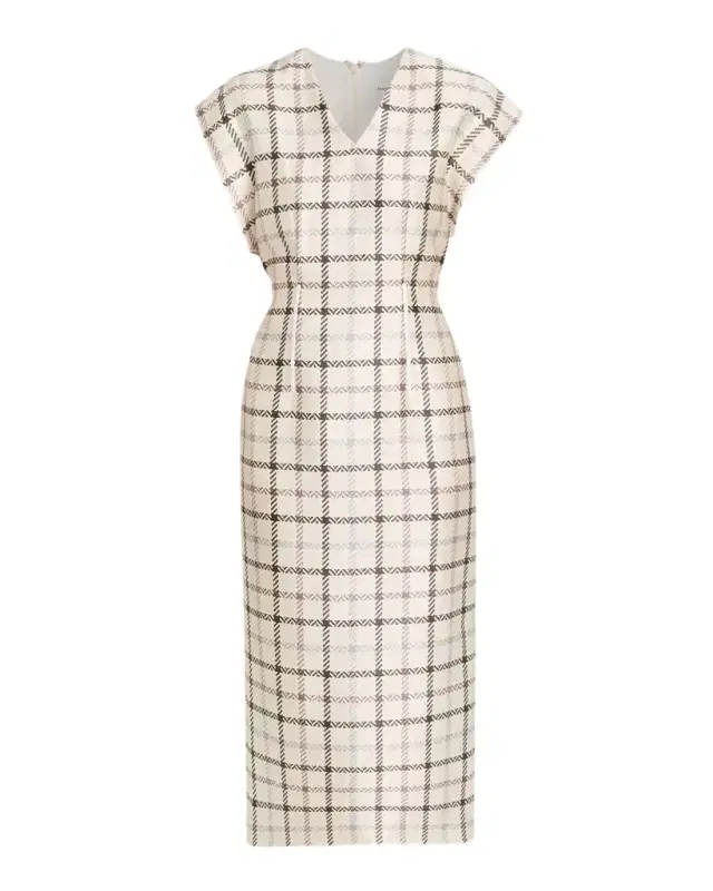 The Keaton Exaggerated-Shoulder Check Mikado Silk Midi Dress