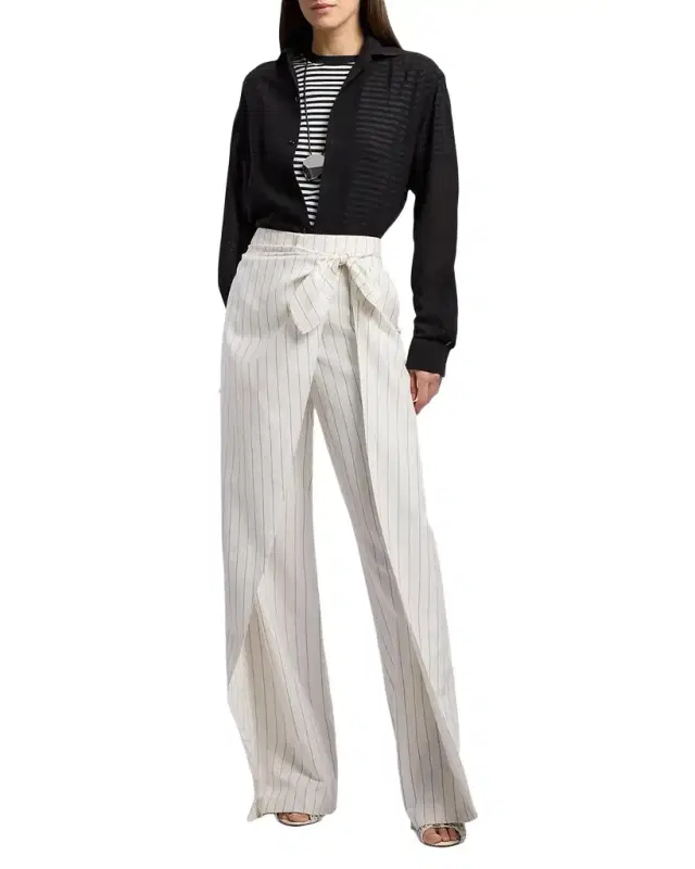 Pinstripe Linen Straight-Leg Sarong Pants