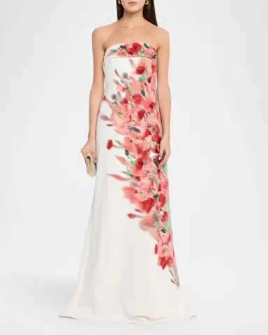 Badgley Mischka Strapless Floral-Print Crepe Gown | Thumbnail 2