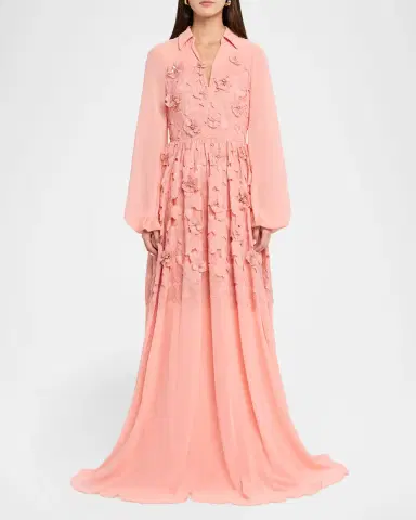 BADGLEY MISCHKA Blouson-Sleeve Floral Lace Georgette Gown | Thumbnail 2 BADGLEY MISCHKA Blouson-Sleeve Floral Lace Georgette Gown | Thumbnail 2