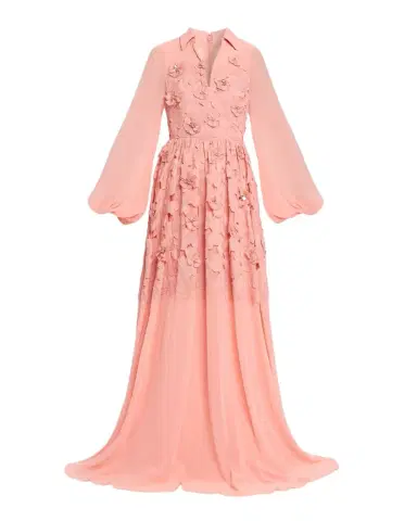 BADGLEY MISCHKA Blouson-Sleeve Floral Lace Georgette Gown | Thumbnail 1 BADGLEY MISCHKA Blouson-Sleeve Floral Lace Georgette Gown | Thumbnail 1