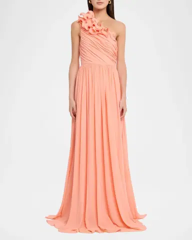 BADGLEY MISCHKA Pleated One-Shoulder Georgette Gown | Thumbnail 2 BADGLEY MISCHKA Pleated One-Shoulder Georgette Gown | Thumbnail 2