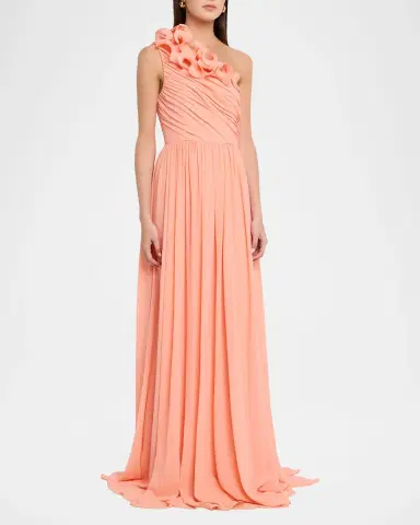 BADGLEY MISCHKA Pleated One-Shoulder Georgette Gown | Thumbnail 4 BADGLEY MISCHKA Pleated One-Shoulder Georgette Gown | Thumbnail 4