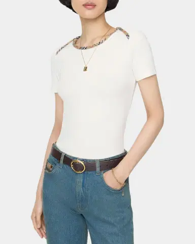 Burberry Stephanie Check-Trim Cotton Rib T-Shirt | Thumbnail 2 Burberry Stephanie Check-Trim Cotton Rib T-Shirt | Thumbnail 2