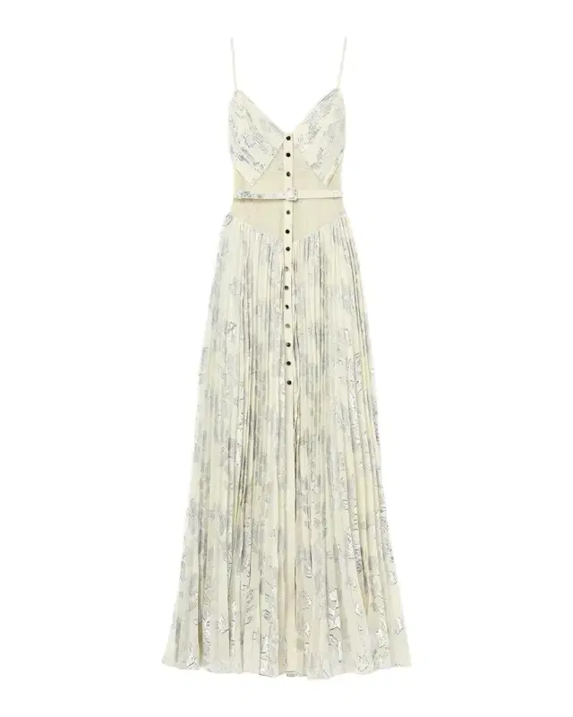 Pleated Metallic Floral Maxi Dress