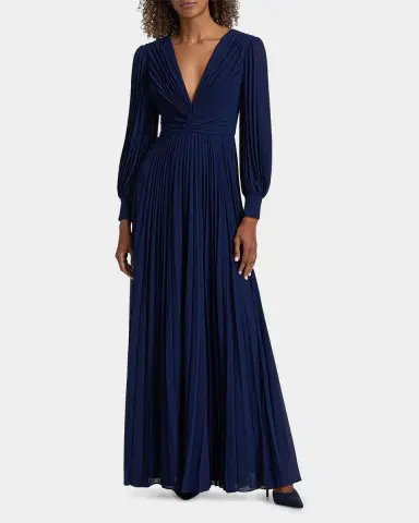 BADGLEY MISCHKA Pleated Blouson-Sleeve Georgette Gown | Thumbnail 3