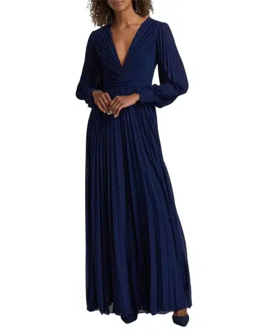 BADGLEY MISCHKA Pleated Blouson-Sleeve Georgette Gown | Thumbnail 1