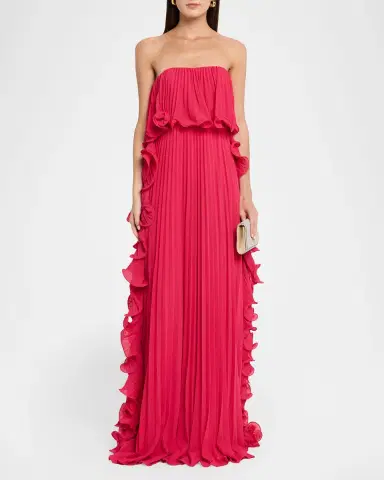 Badgley Mischka Strapless Ruffle-Trim Pleated Chiffon Gown | Thumbnail 2