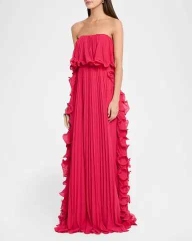 Badgley Mischka Strapless Ruffle-Trim Pleated Chiffon Gown | Thumbnail 4