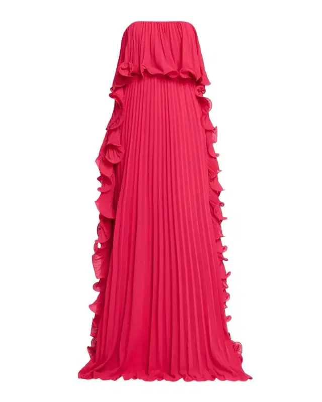 Strapless Ruffle-Trim Pleated Chiffon Gown