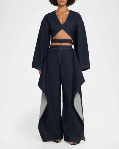 Alaïa Long-Sleeve Denim Crop Wrap Top | Thumbnail 2