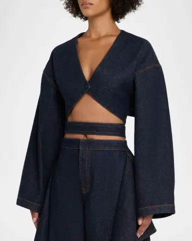 Alaïa Long-Sleeve Denim Crop Wrap Top | Thumbnail 4