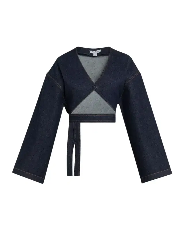 ALAÏA Long-Sleeve Denim Crop Wrap Top