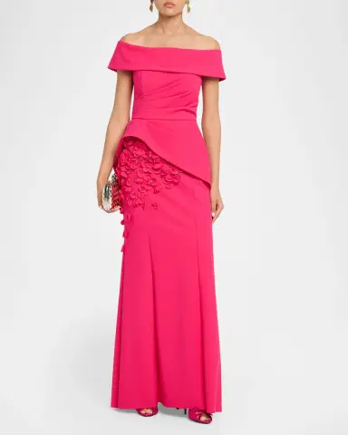 Rickie Freeman for Teri Jon Scuba Off-Shoulder Long Gown | Thumbnail 2