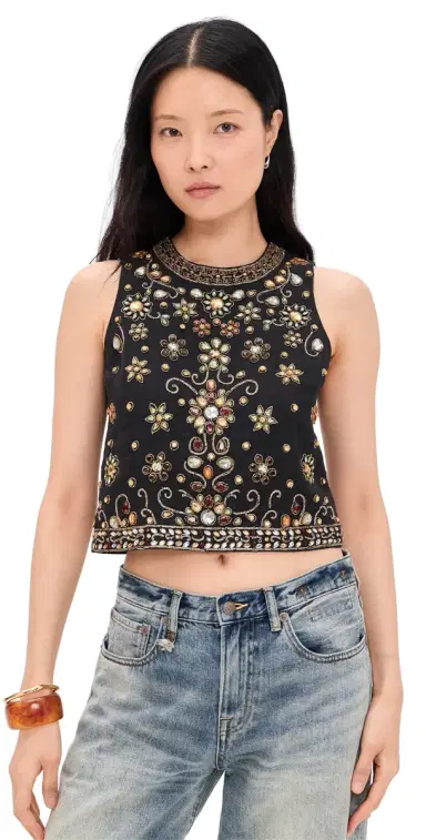Alice + Olivia Amal Embellished Boxy Tank Top Black/Multi XL | Thumbnail 1 Alice + Olivia Amal Embellished Boxy Tank Top Black/Multi XL | Thumbnail 1