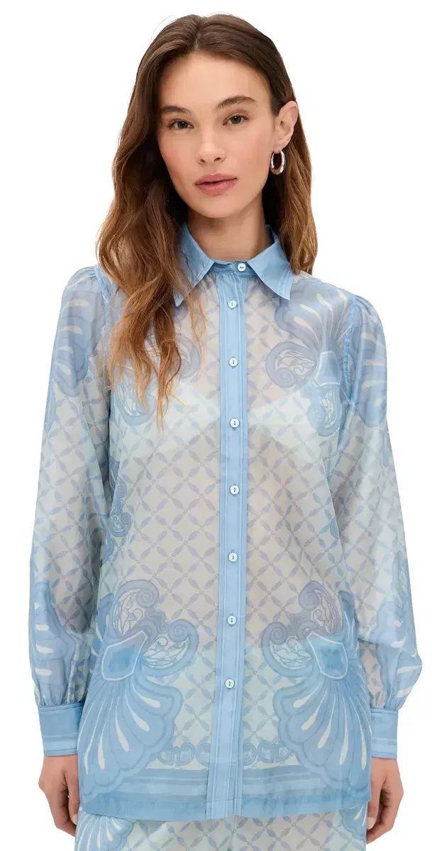 usan Button Down hirt Aqua hell Print